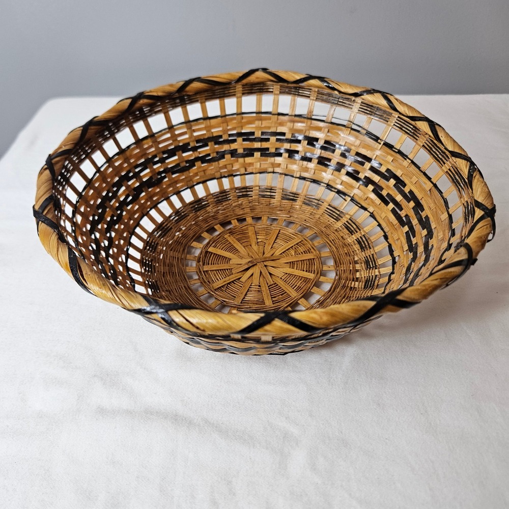 Vintage Round Woven Bamboo Basket Bowl Natural Black Striped Boho Decor 9.5in